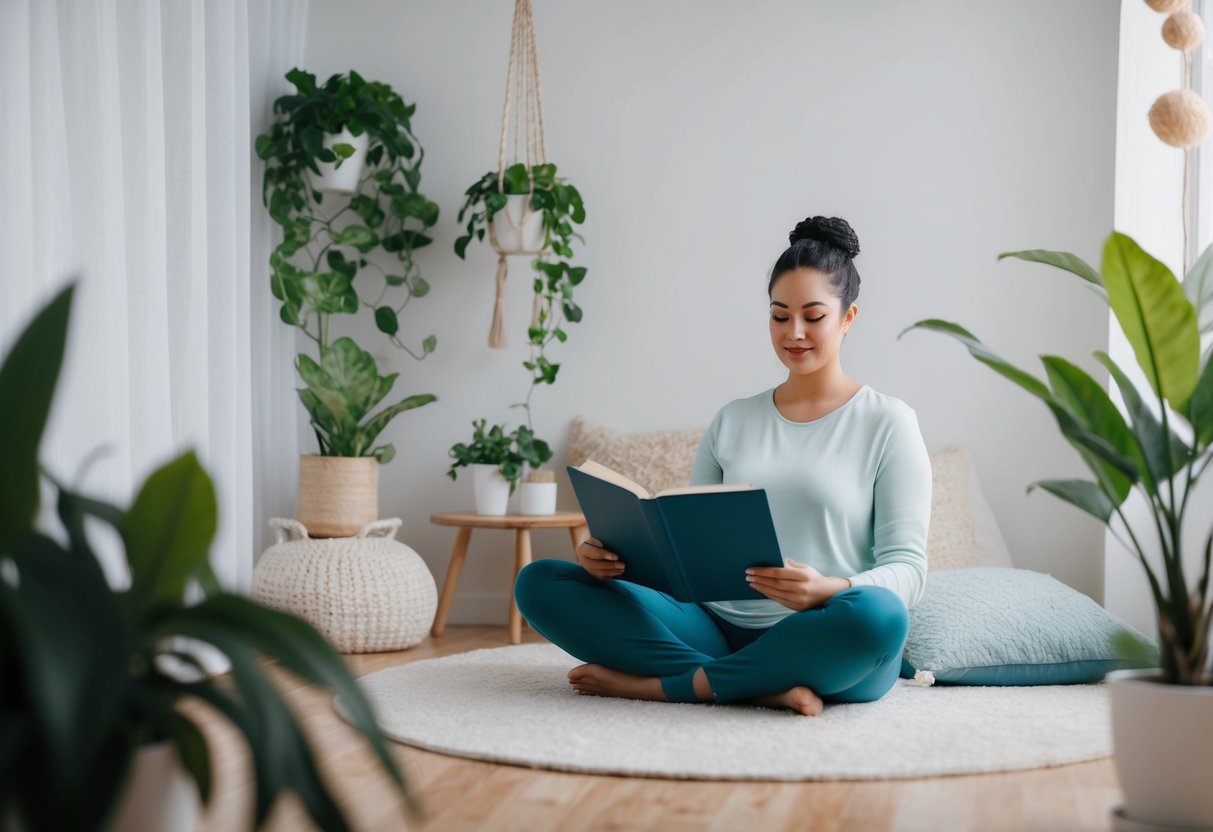 A parent sitting in a peaceful, clutter-free space, surrounded by plants and calming decor, engaging in a relaxing activity like reading or meditating