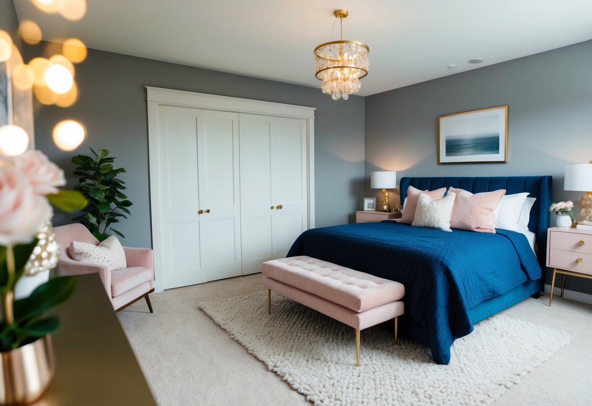 A cozy bedroom with soft gray walls, a plush navy blue bedspread, and accents of blush pink and gold throughout the room