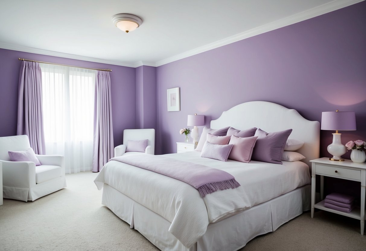 A serene bedroom with lavender walls, white furniture, and soft, pastel-colored accents. The room exudes a calming and peaceful atmosphere