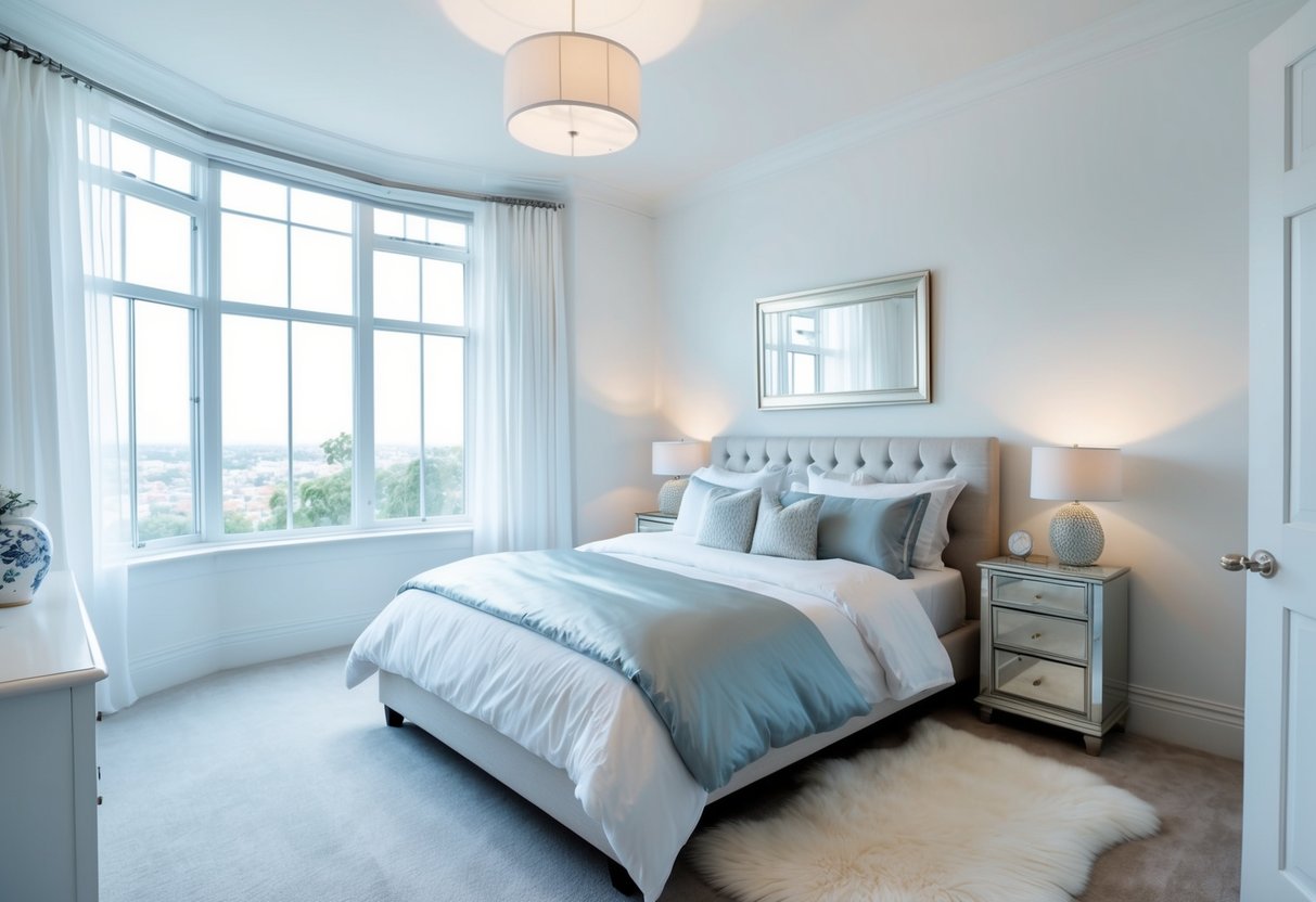 A bright, airy bedroom with white walls, crisp white bedding, and accents of silver and pale blue. A large window lets in natural light, and a fluffy white rug adds a cozy touch