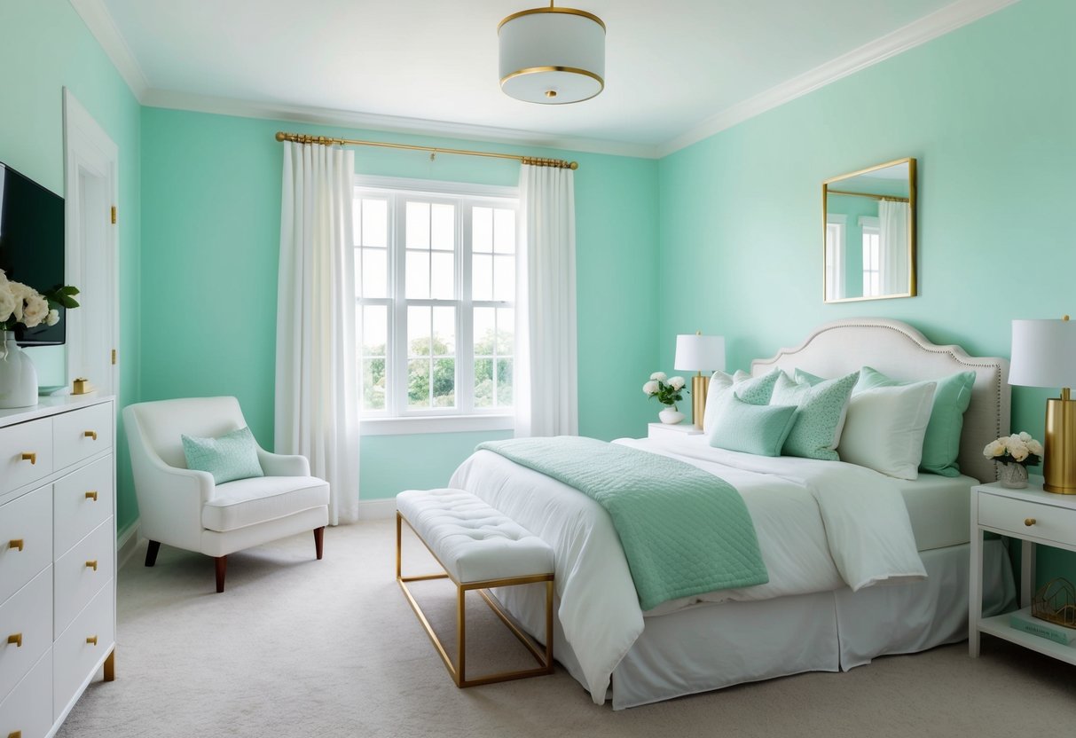 A bedroom with crisp mint walls, white furniture, and pops of gold accents. A cozy bed with mint and white bedding completes the serene color scheme