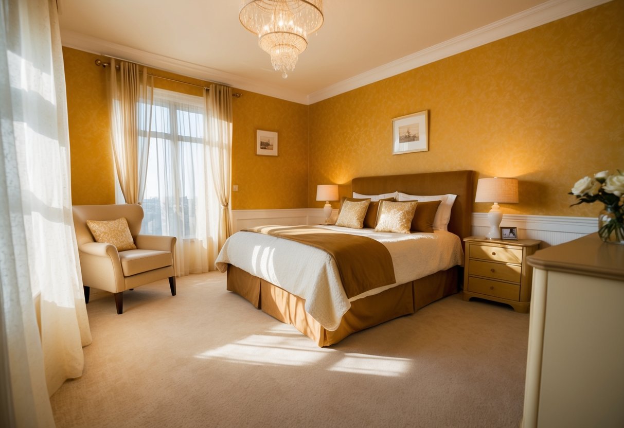 A cozy bedroom with warm golden honey walls, accented with cream and soft brown furniture. Sunlight streams in through sheer curtains, casting a warm glow over the room