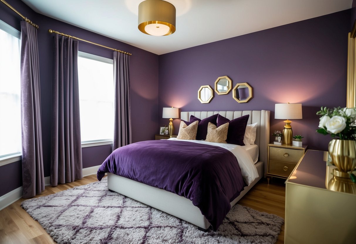 A cozy bedroom with plum purple walls, accented by gold and cream decor. A plush rug and velvet curtains add a touch of luxury