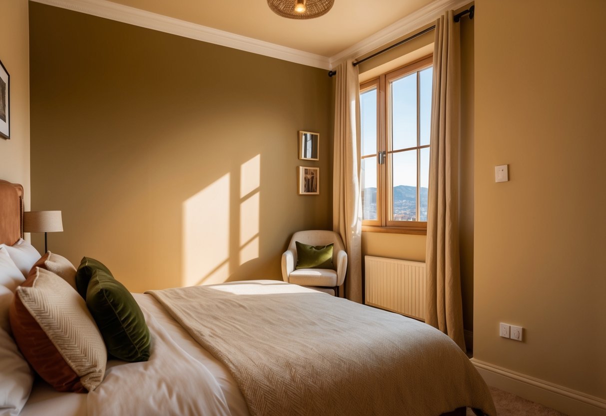 A cozy bedroom with warm beige walls, soft cream bedding, and accents of earthy tones like terracotta and olive green. Sunlight streams through the window, casting a warm glow over the room