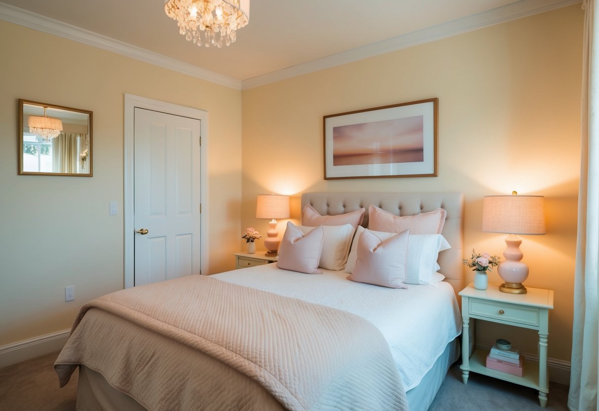 A cozy bedroom with ivory cream walls, accented by soft pastel decor and warm lighting