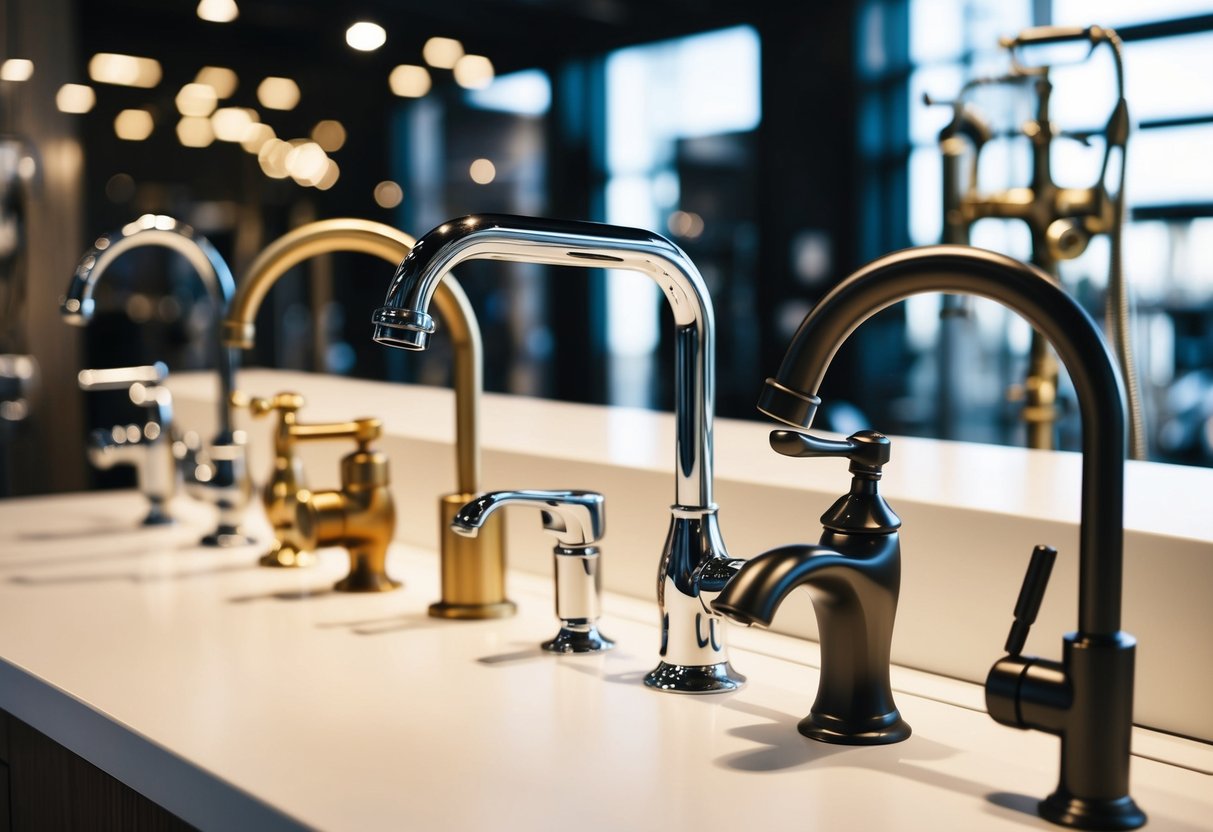 A variety of faucets arranged on a display, including modern, traditional, and industrial styles, with different finishes and features