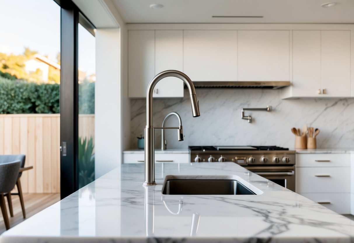 A modern kitchen with sleek stainless steel faucets and marble countertops in a San Francisco home