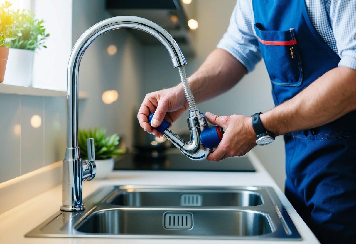 A professional plumber carefully installing a new faucet in a modern kitchen sink