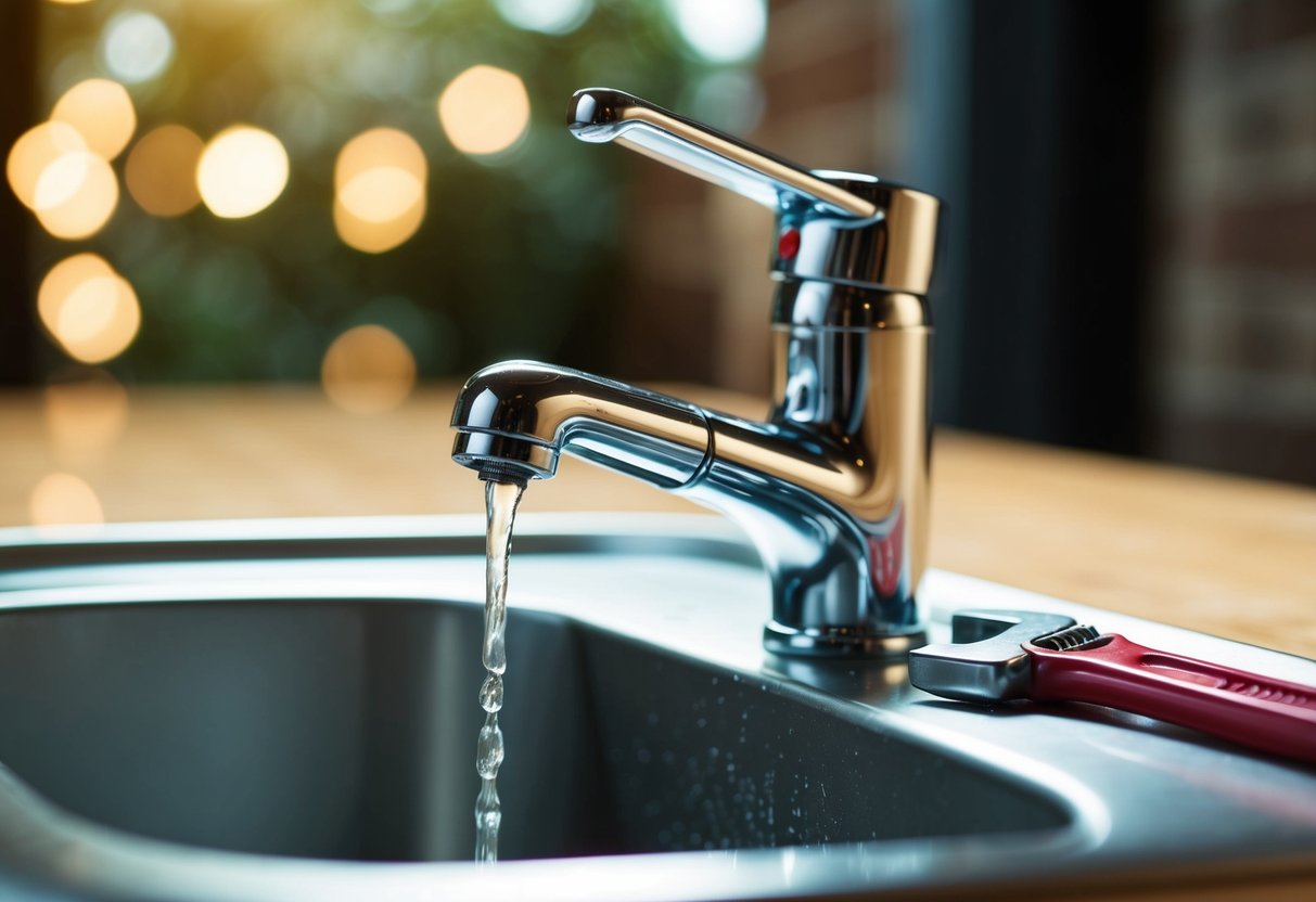 A faucet with dripping water and a wrench nearby