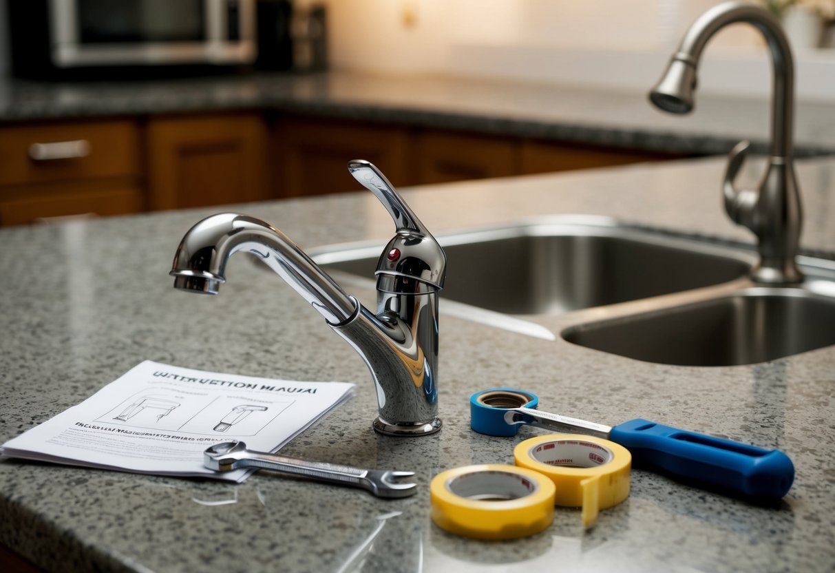 A kitchen faucet lying on a countertop with a wrench, plumber's tape, and instruction manual nearby. A sink and cabinets in the background