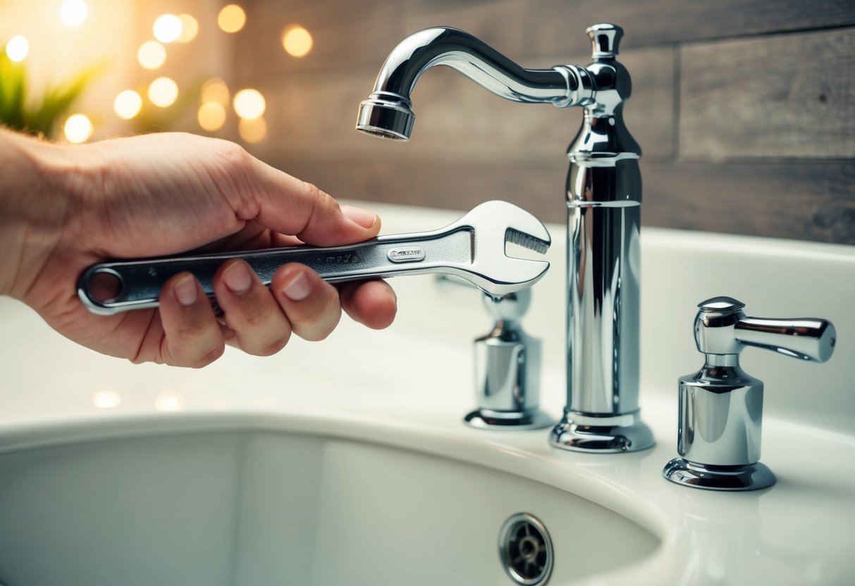 A close-up illustration of a hand holding a wrench, tightening the new faucet onto the sink