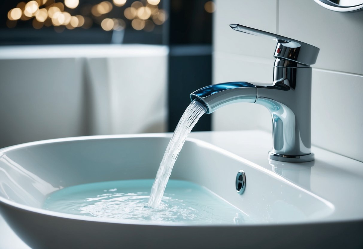 A modern faucet installed on a sleek bathroom sink, casting a gentle stream of water into a clean, white basin