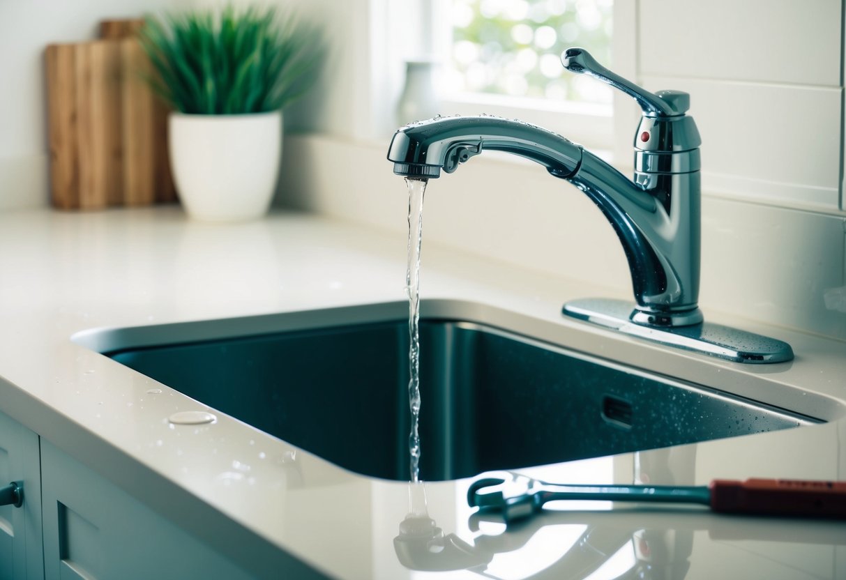 A broken faucet with water droplets and a wrench nearby on a clean, well-lit countertop