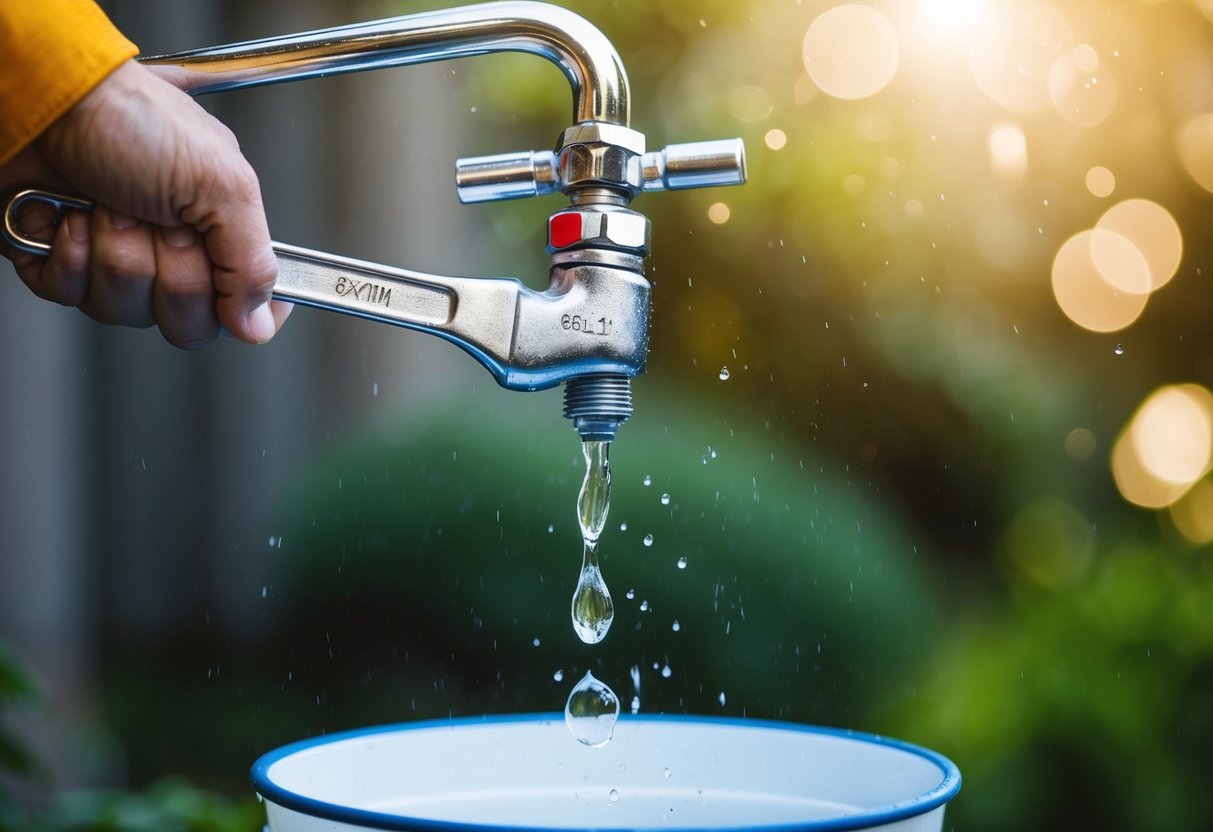 A wrench tightening a leaky faucet, with water droplets falling into a bucket below