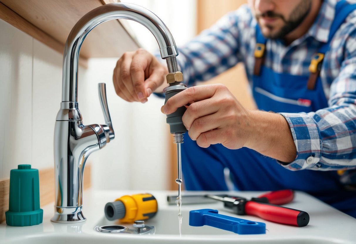 A plumber inspecting and repairing a dripping faucet with various tools and replacement parts nearby