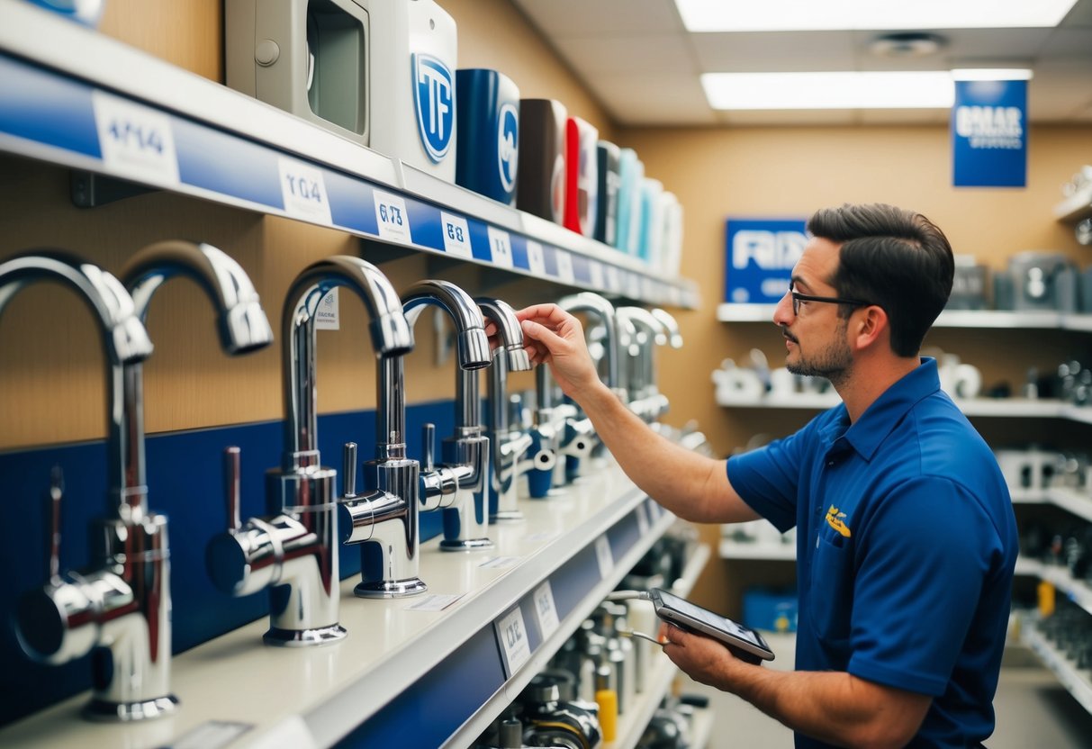 A row of top brand faucets displayed in a San Francisco plumbing supply store, with a plumber examining one for installation and maintenance insights