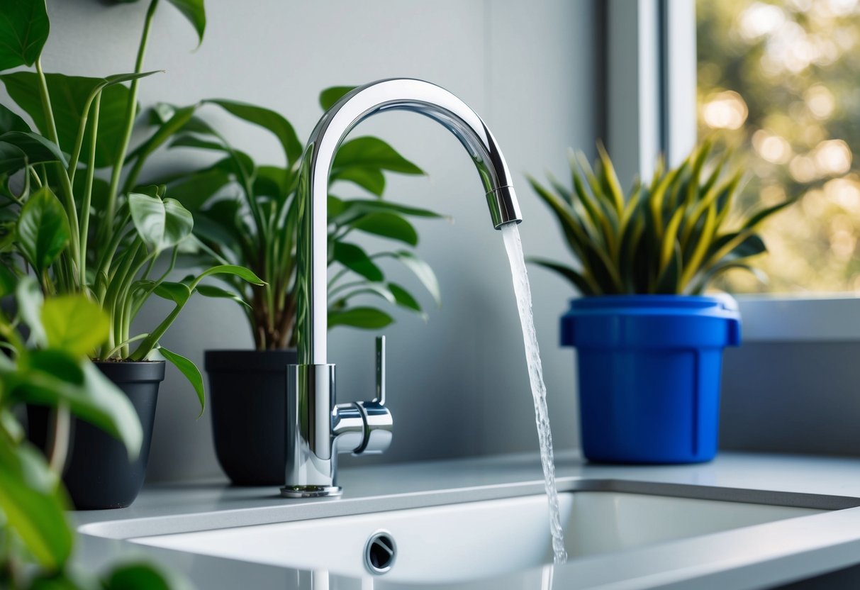 A modern, sleek faucet with a water-saving design, surrounded by green plants and a recycling bin