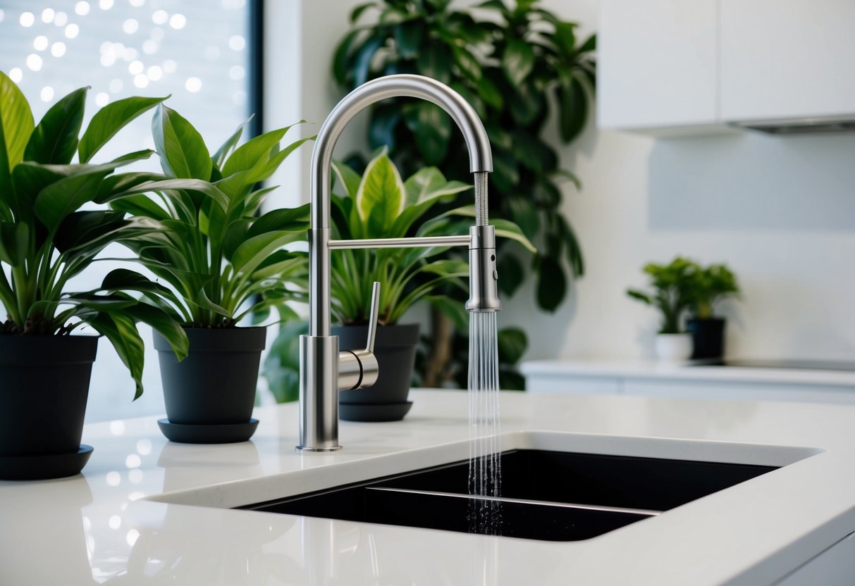 A modern, sleek eco-friendly faucet with a water-saving design, surrounded by lush green plants and a clean, minimalist kitchen environment