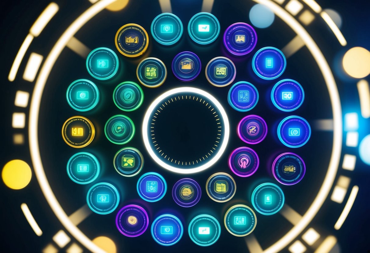 A diverse group of 14 vibrant and futuristic-looking digital coins arranged in a circular pattern, surrounded by glowing lines and symbols