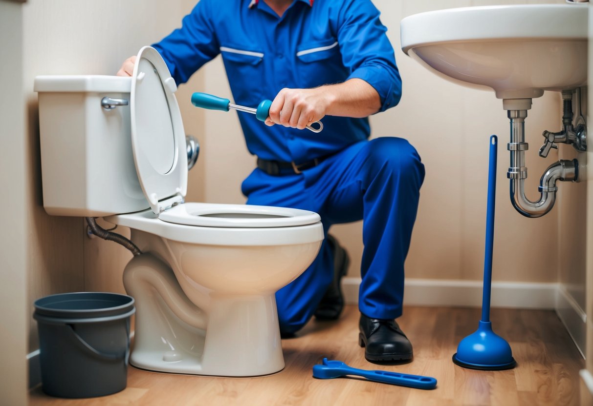 A plumber fixing a leaky toilet with a wrench and a plunger nearby