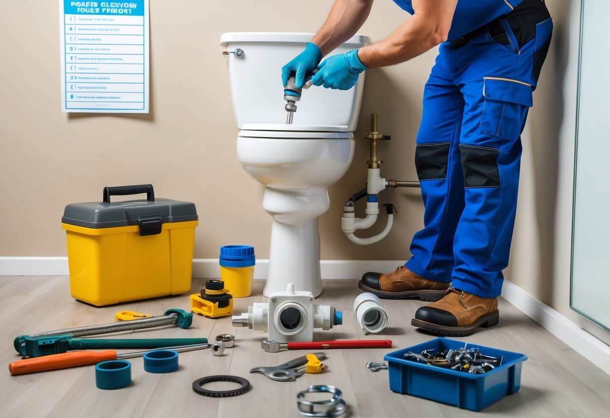 A plumber replacing toilet components with a toolbox nearby. Various parts and tools are scattered on the floor. A list of common toilet problems is posted on the wall