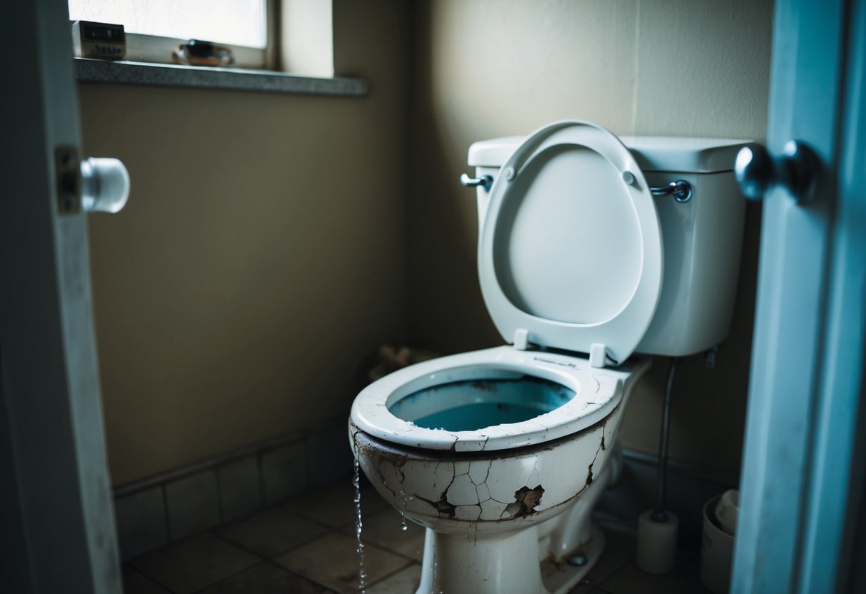 A cracked and stained toilet sits in a dimly lit bathroom, surrounded by outdated decor. The flush handle hangs loosely, and water drips from the base