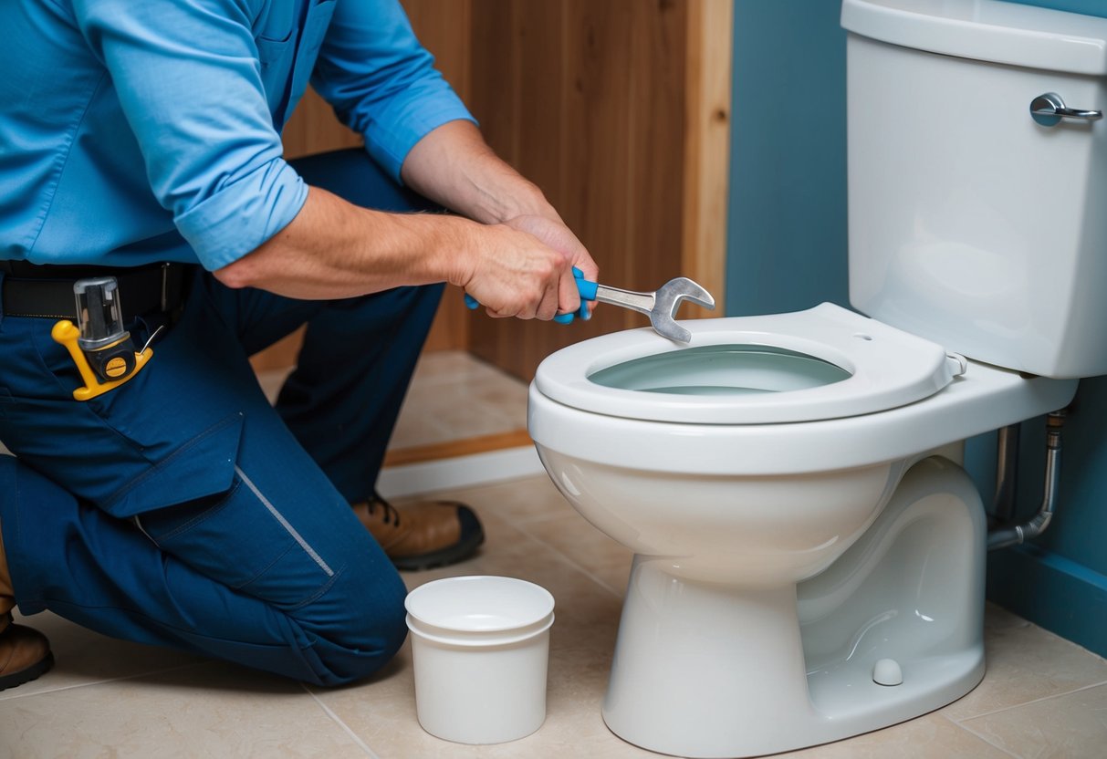 A plumber installs a new toilet in a bathroom, using a wrench and sealant. The old toilet sits nearby, ready for removal