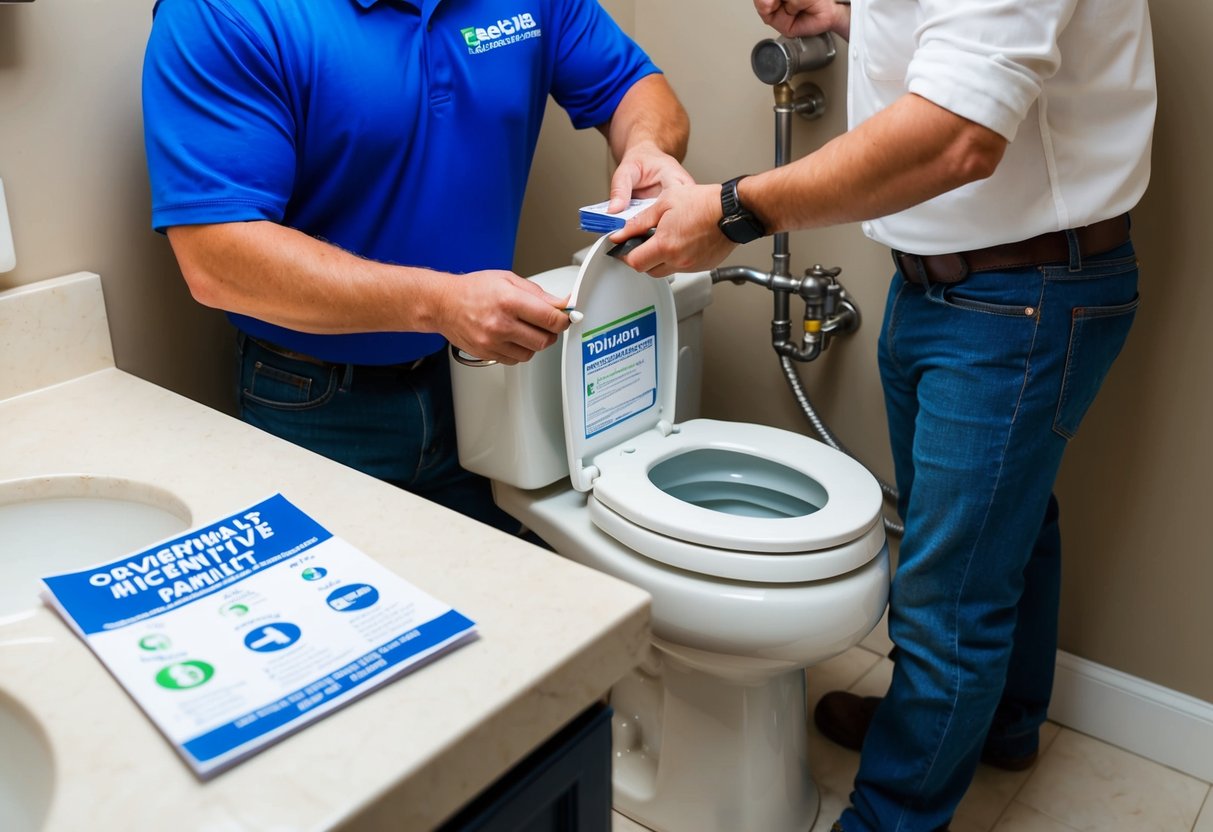 A plumber installs a low-flow toilet in a bathroom, while a homeowner looks on. A government incentive pamphlet sits on the counter