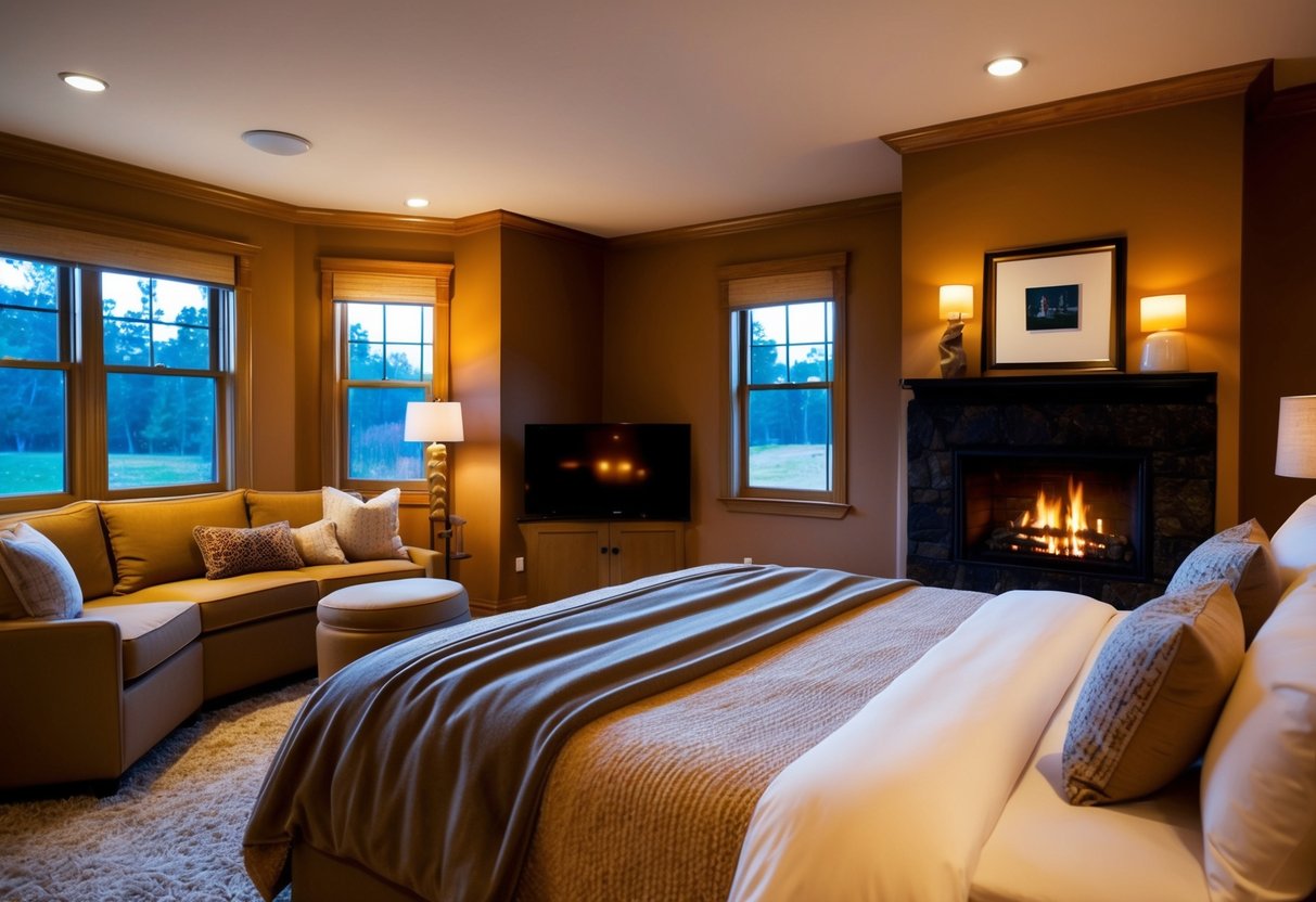 A warm, inviting bedroom with soft lighting, plush bedding, and a crackling fireplace. Comfortable seating and warm colors create a cozy atmosphere