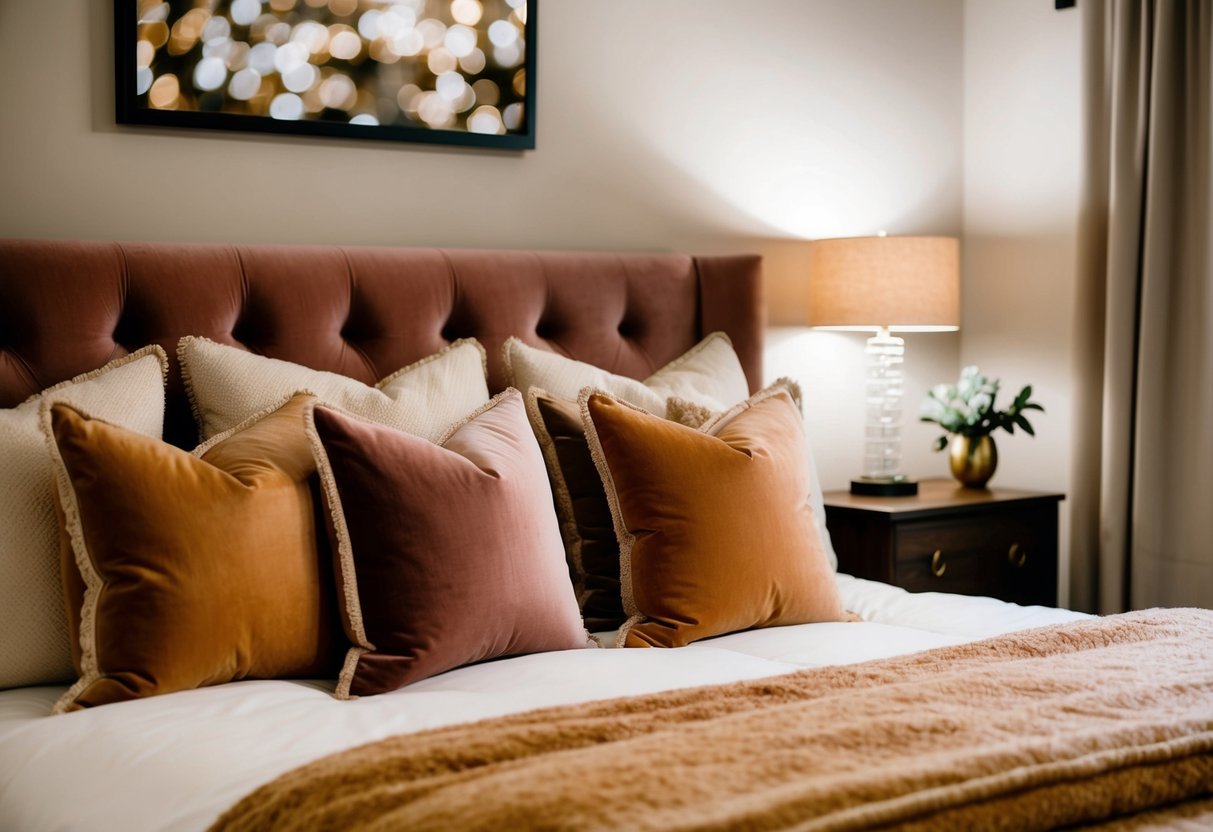 A cozy bedroom with velvet cushions arranged on a plush bed, soft lighting, and warm decor