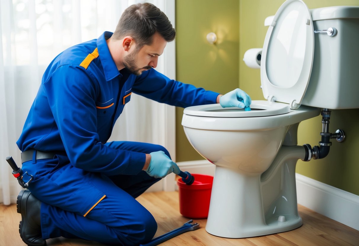 A plumber carefully inspects a toilet, tightening bolts and checking for leaks, while holding a plunger and a wrench nearby