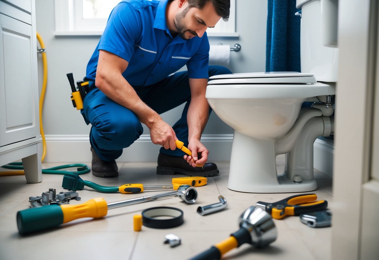 A plumber inspecting and maintaining a toilet, with various tools and parts scattered around the bathroom floor