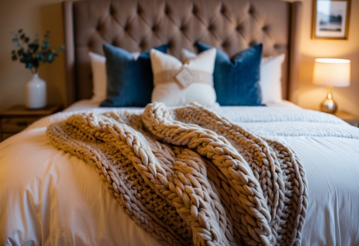 A cozy bedroom with a chunky knit blanket draped over a plush bed, soft lighting, and warm, inviting colors