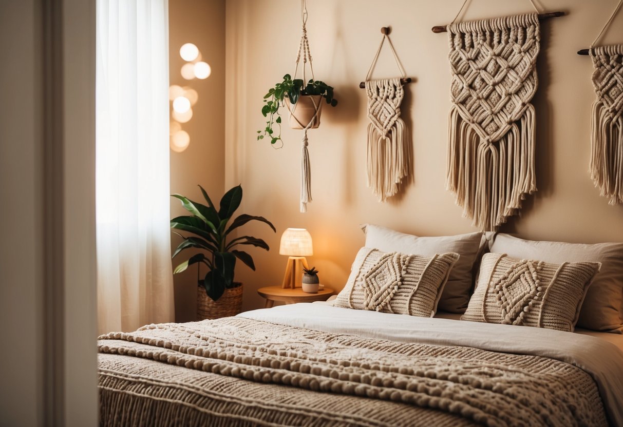 A cozy bedroom with handmade macrame decor, including wall hangings, plant hangers, and a textured bedspread. Warm lighting and soft textiles create a comfortable and inviting atmosphere