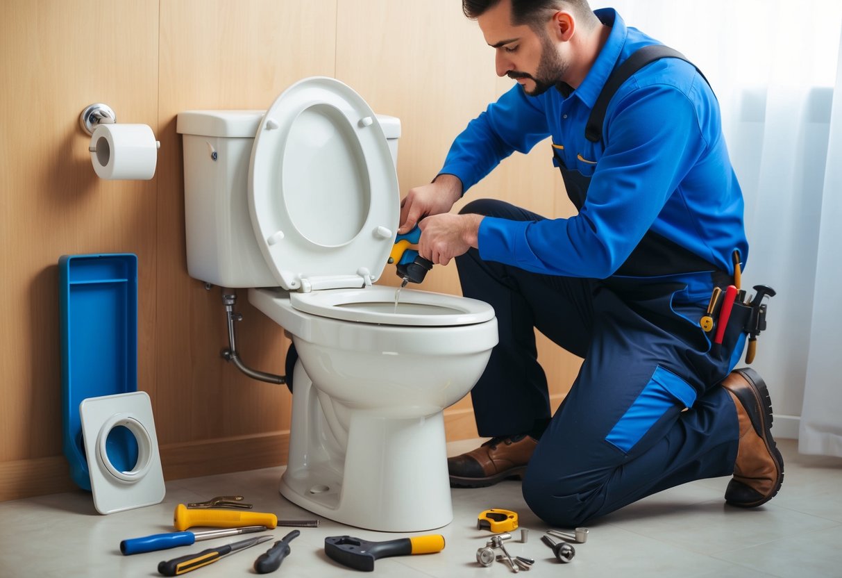 A plumber repairing a toilet with various tools and parts scattered around. A new toilet sits nearby, highlighting the cost comparison between repair and replacement