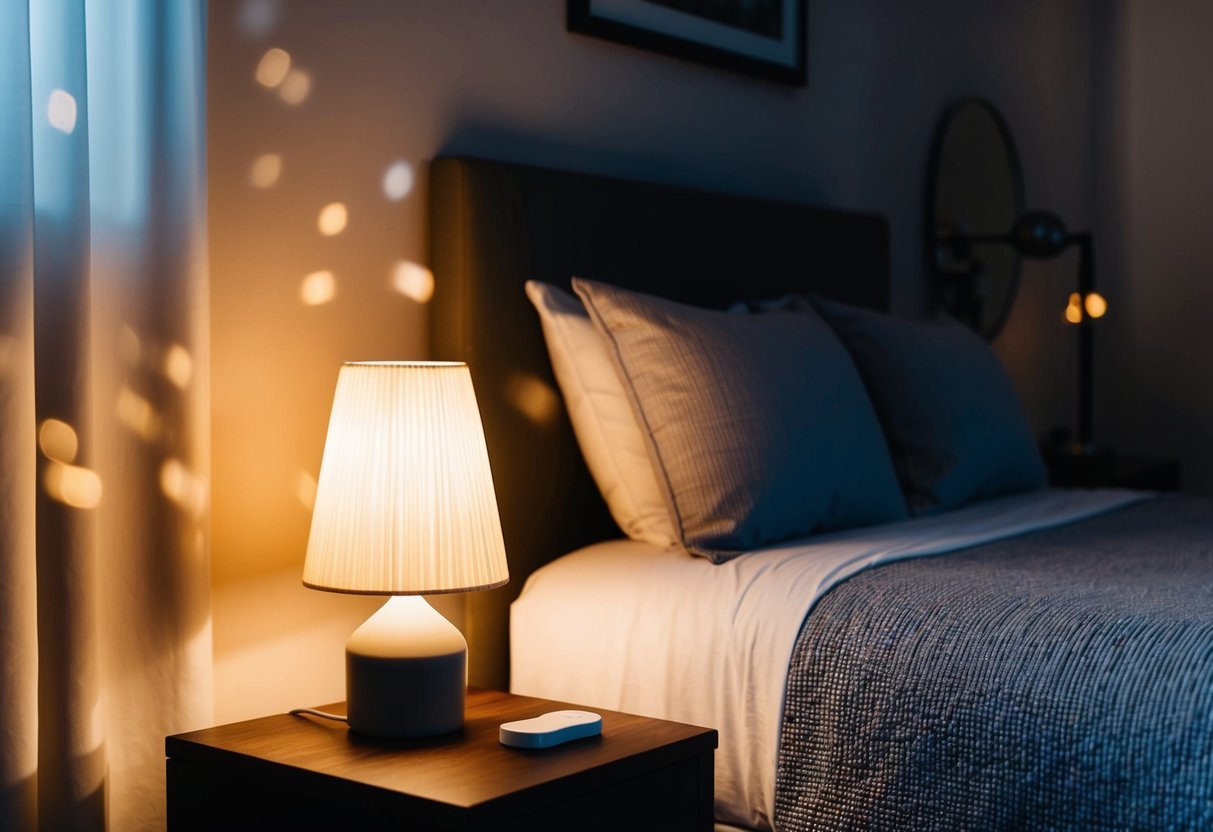 A cozy bedroom with a soft, ambient table lamp casting a warm glow on a nightstand, creating a peaceful and inviting atmosphere