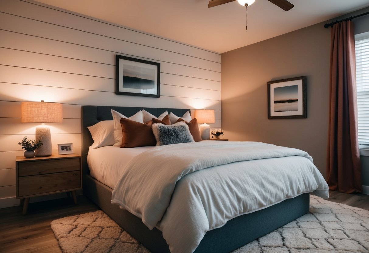 A cozy bedroom with a shiplap accent wall, warm lighting, and soft bedding