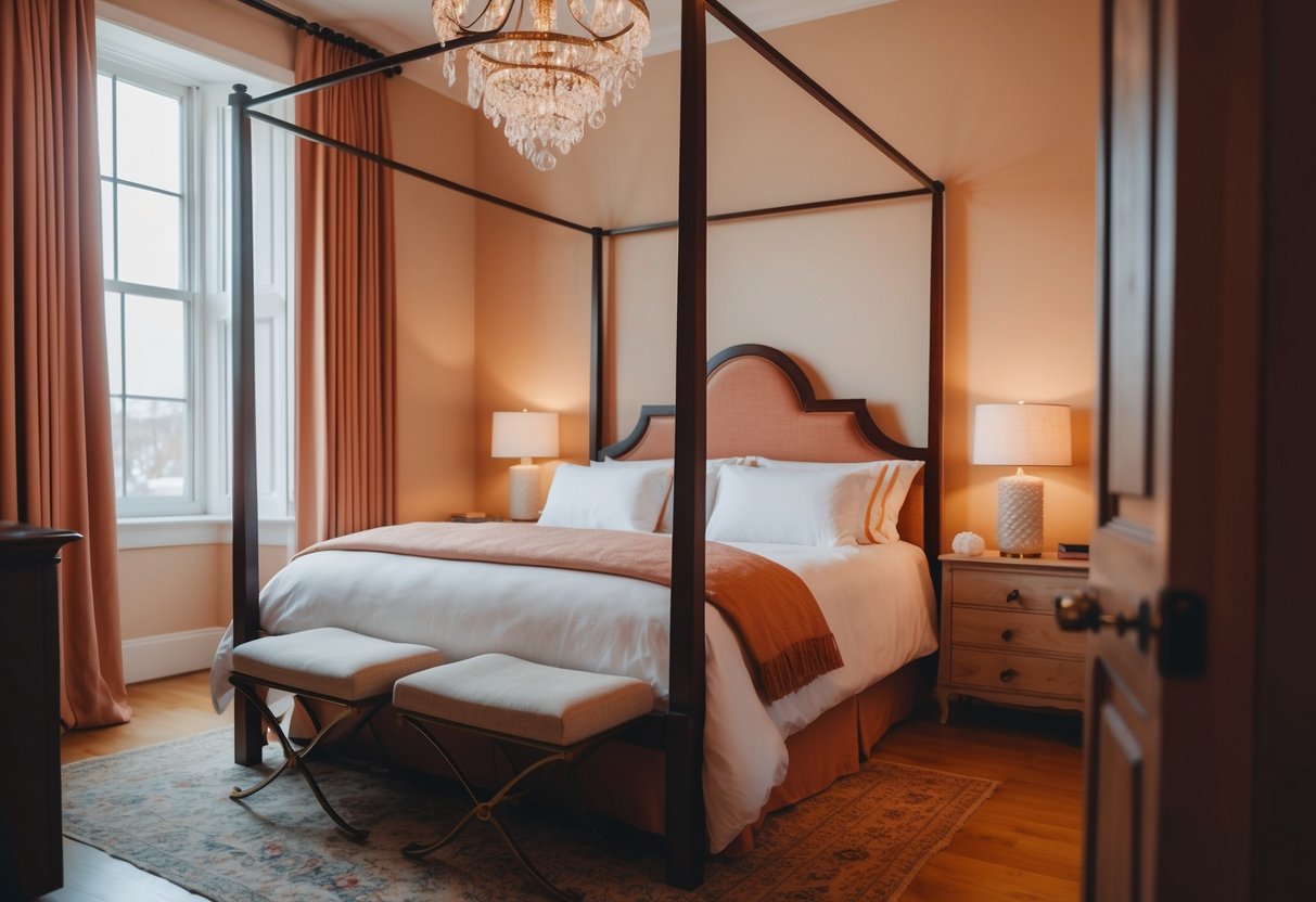 A cozy bedroom with a canopy bed, soft lighting, and warm colors