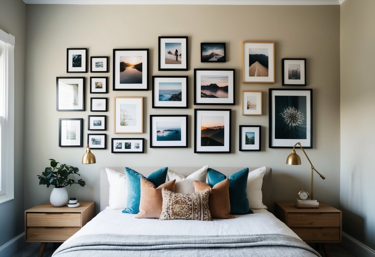 A bedroom wall adorned with a curated collection of framed artwork and photographs, creating a cozy and personalized gallery space