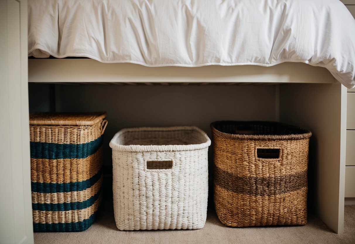 A cozy bedroom with woven storage baskets in various sizes and colors, neatly arranged on a shelf or under the bed