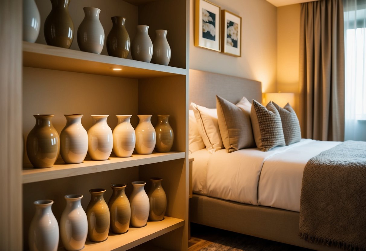 A cozy bedroom with 25 ceramic vases arranged on shelves and bedside tables. Warm lighting and soft textures create a comfortable and inviting atmosphere