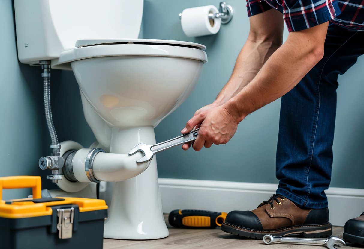 A person using a wrench to tighten a pipe under a toilet, with a toolbox and various plumbing tools nearby