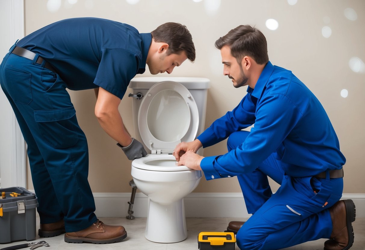 A person attempting to fix a toilet with a toolbox nearby, while a professional plumber stands ready to assist