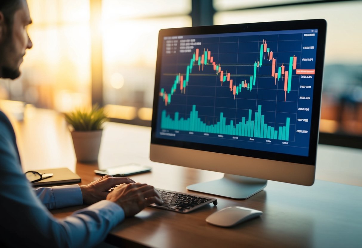 A computer screen displaying fluctuating Bitcoin trading charts and graphs