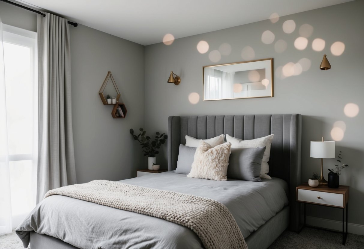 A cozy gray bedroom with a plush bed, soft lighting, and minimal decor