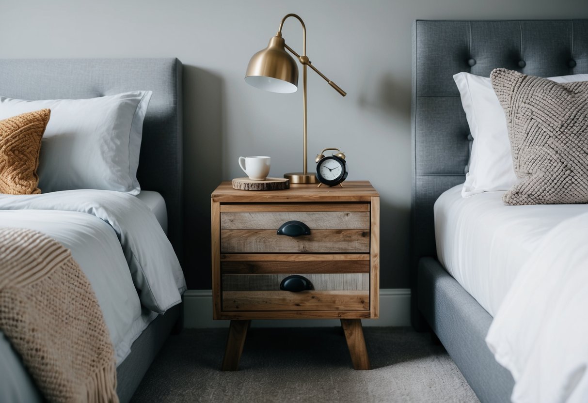 A reclaimed wood nightstand sits next to a cozy bed in a stylish gray bedroom