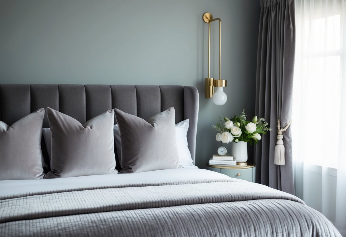 A cozy gray bedroom with a bed adorned with velvet pillows, creating a serene and elegant atmosphere