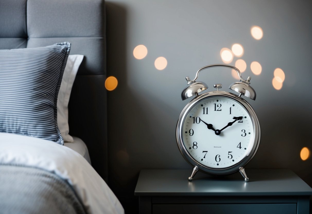 A silver bedside clock sits on a nightstand in a gray bedroom