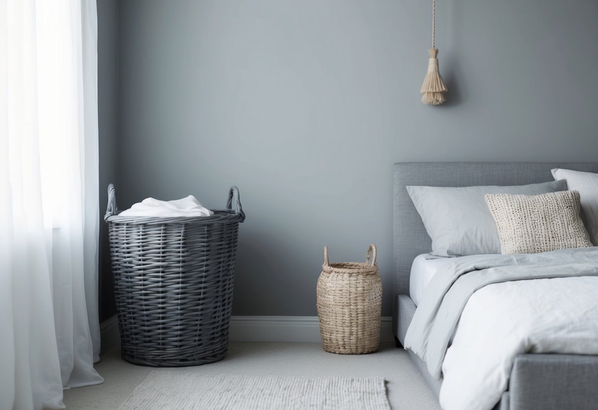 A gray wicker laundry basket sits in the corner of a serene gray bedroom, surrounded by minimalist decor and soft, natural light