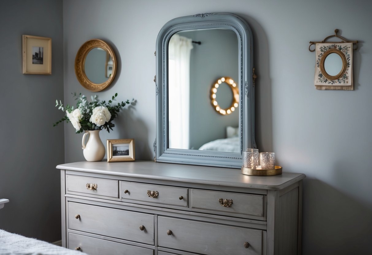 A vintage gray mirror hangs above a rustic dresser in a cozy gray bedroom with soft lighting and vintage decor